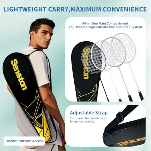 Senston Profesyonel Badminton Raketi Seti 4'lü - Karbon Fiber, 6 Badminton Topu, 4 Grip & Arka Bahçe Oyunları için Çanta | 90g Hafif - 3