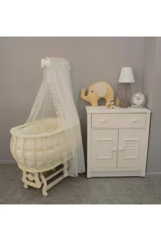 Sepet Beşik Ahşap Beşik Uyku Setli Doğal Ahşap Beşik bambu00 - Krem - TOMMYBABY