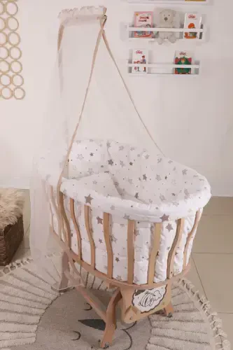 Sepet Beşik Kahve Yıldız Uyku Setli Bebek Besigi Brich Plywood Doğal Ahşap Tekerlekli 0x1 Yaş-kahve - 1