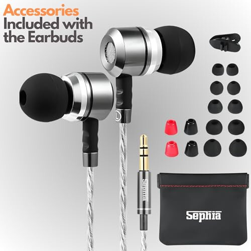 Sephia SP3060 Wired Headphones, HD Bass Driven Audio, Lightweight Aluminum Wired in Ear Earbud Headphones, S/M/L Ear Bud Tips, Earphone Case, 3.5mm Tangle-Free Cord (without Mic) - 2