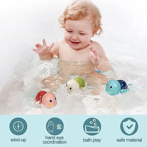 SEPHIX Bath Toys for Toddlers 1-3, Cute Swimming Turtle Bath Toys for 1 2 Year Old Boy Girl Gifts, Water Pool Toys for Baby Toddler Toys Age 1-4, Wind-up Infant Bathtub Toys, 3 Pack - SEPHIX (1)