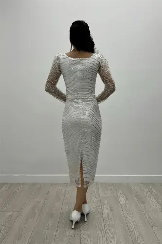 Sеқинли va payetli matolar kiyim va kvadrat bo'yinli qalam ko'ylak - OQ - 5