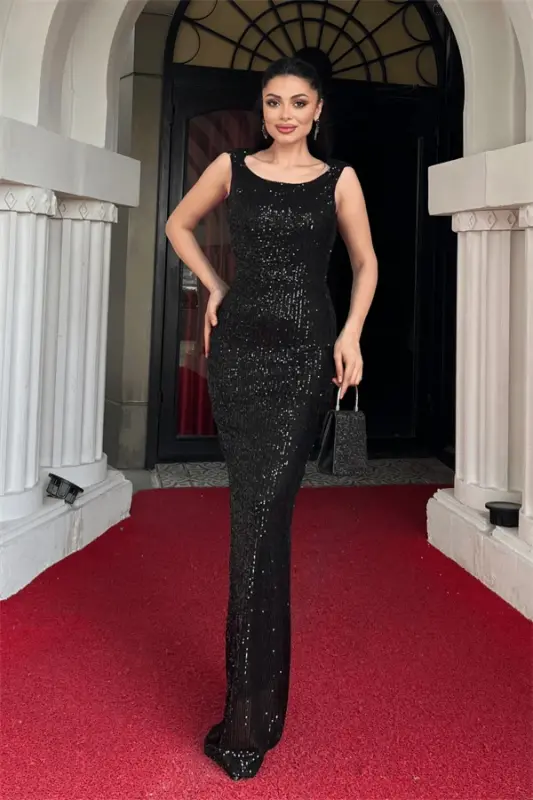 Sequin Backless Décolleté Collar Evening Dress - BLACK - 1