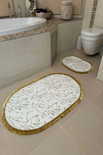 Sequin Bamboo Non-Slip Leather Base Dust Stain Resistant 2-Piece Set Toilet Bathroom Rug Set Oval - YTR HOME