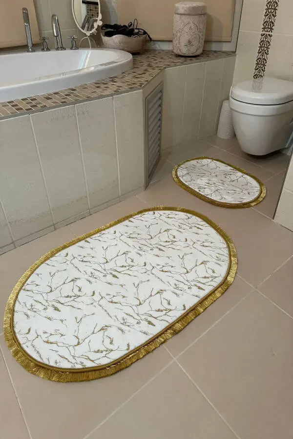 Sequin Bamboo Non-Slip Leather Base Dust Stain Resistant 2-Piece Set Toilet Bathroom Rug Set Oval - 1