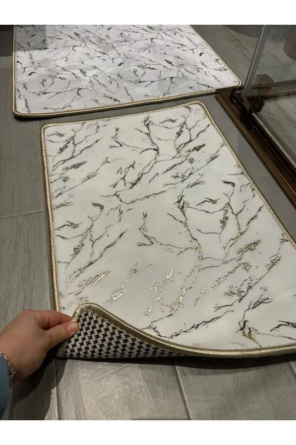 Sequin Bamboo Non-Slip Leather Bottom Dust Stain Resistant 2-Piece Set Toilet Bathroom Rug Set - 3