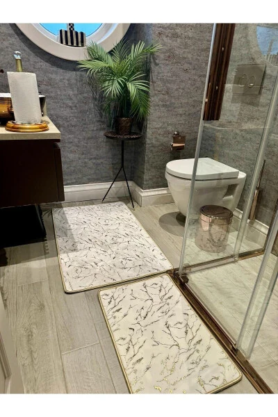 Sequin Bamboo Non-Slip Leather Bottom Dust Stain Resistant 2-Piece Set Toilet Bathroom Rug Set - 5