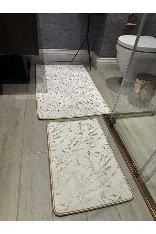 Sequin Bamboo Non-Slip Leather Bottom Dust Stain Resistant 2-Piece Set Toilet Bathroom Rug Set - 5