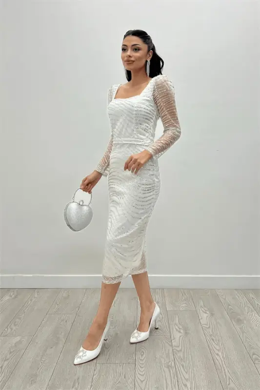 Sequin Beaded Square Neck Pencil Dress - WHITE - 4