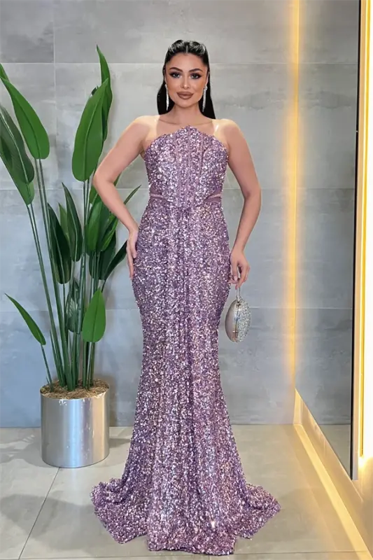 Sequin Beaded Strapless Dress - LILAC - BÜYÜKBEDENIZ