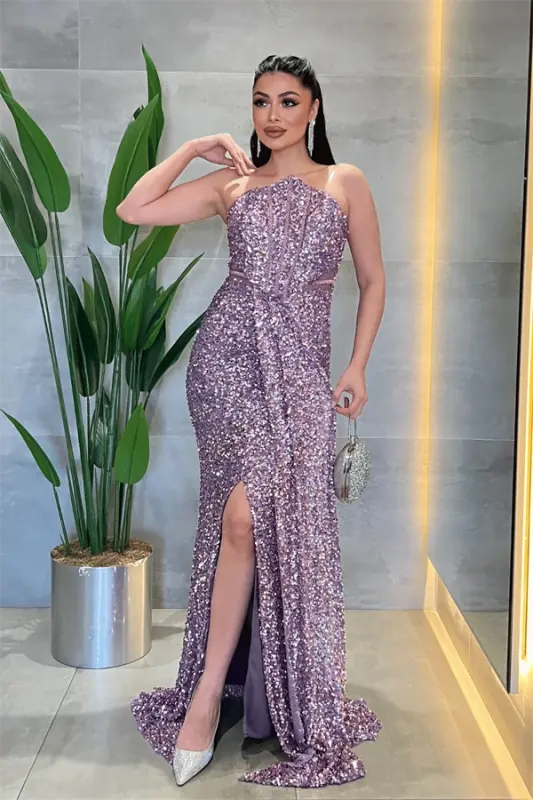 Sequin Beaded Strapless Dress - LILAC - 2