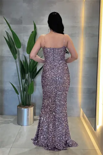 Sequin Beaded Strapless Dress - LILAC - 5