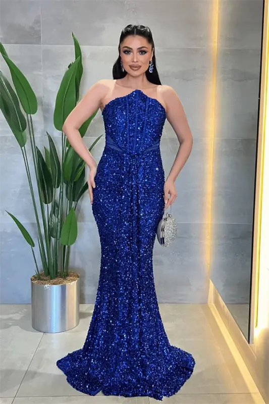 Sequin Beaded Strapless Dress - ROYAL BLUE - BÜYÜKBEDENIZ