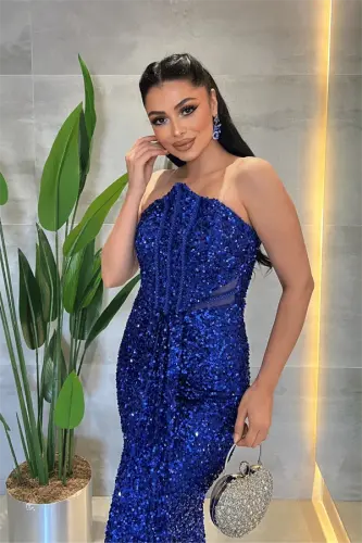 Sequin Beaded Strapless Dress - ROYAL BLUE - 3