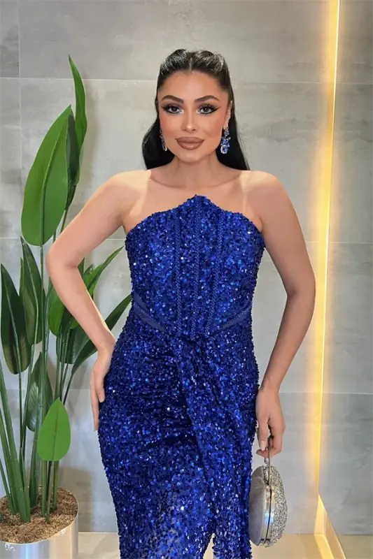 Sequin Beaded Strapless Dress - ROYAL BLUE - 4