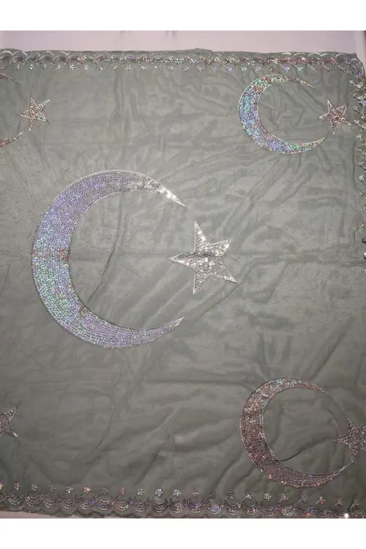 Sequin Bride and Crescent-Star Groom Henna Cover with Gloves for Henna Nights Special Veil Set-Pine - 7