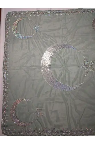 Sequin Bride and Crescent-Star Groom Henna Cover with Gloves for Henna Nights Special Veil Set-Pine - 8