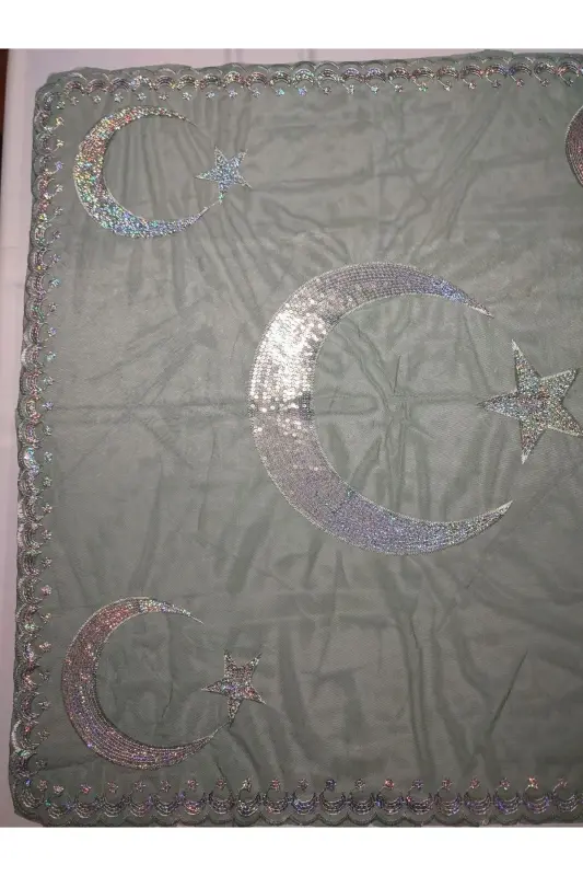 Sequin Bride and Crescent-Star Groom Henna Cover with Gloves for Henna Nights Special Veil Set-Pine - 8