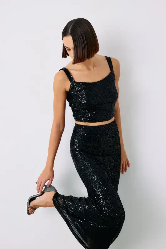 Sequin Crop Blouse - Black - 1