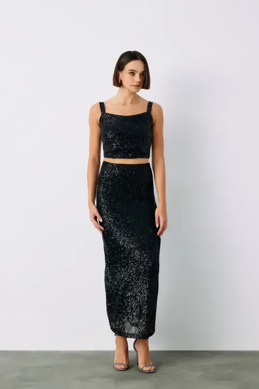 Sequin Crop Blouse - Black - 2