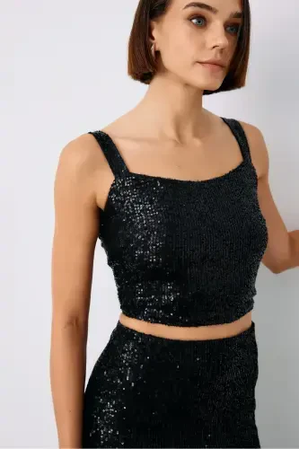 Sequin Crop Blouse - Black - 3