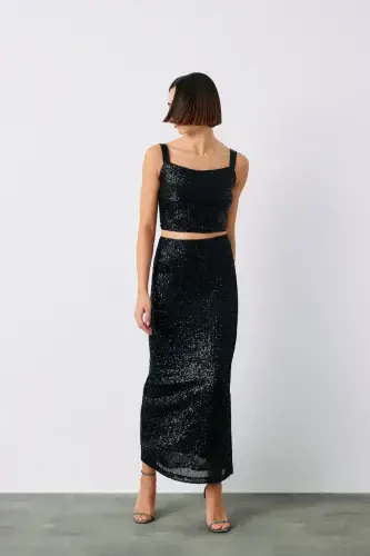 Sequin Crop Blouse - Black - 4