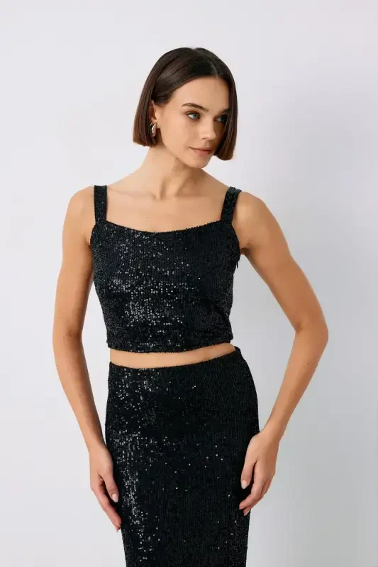 Sequin Crop Blouse - Black - 5