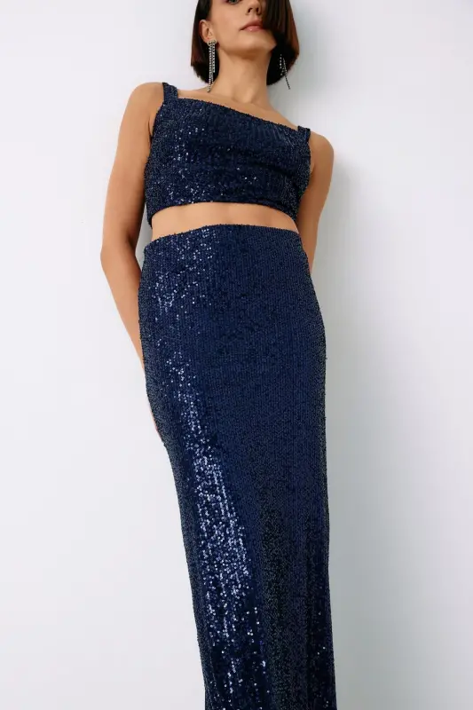 Sequin Crop Blouse - NAVY-NAVY - 4