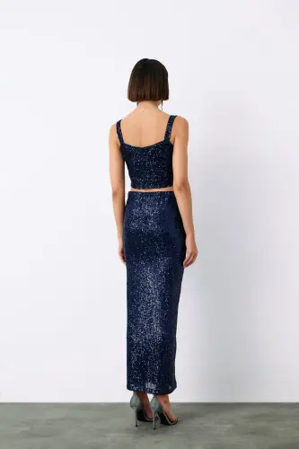 Sequin Crop Blouse - NAVY-NAVY - 5