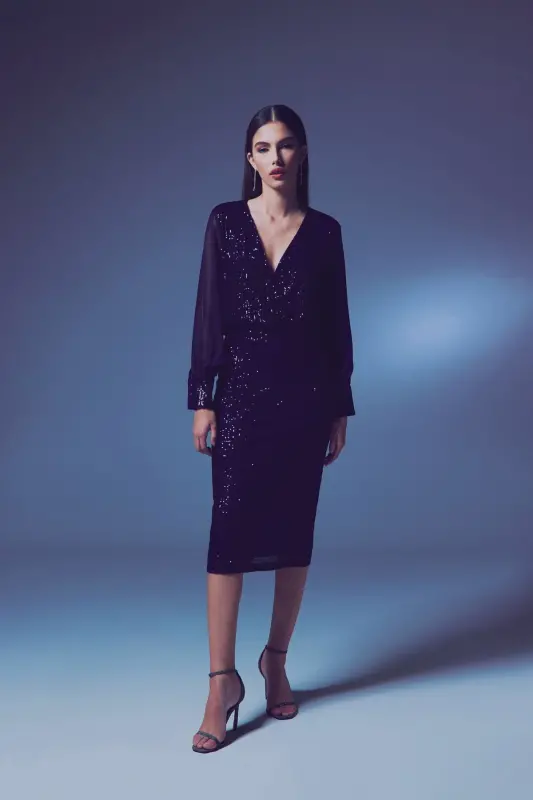 Sequin Detail Pencil Skirt - Navy-NAVY - 3