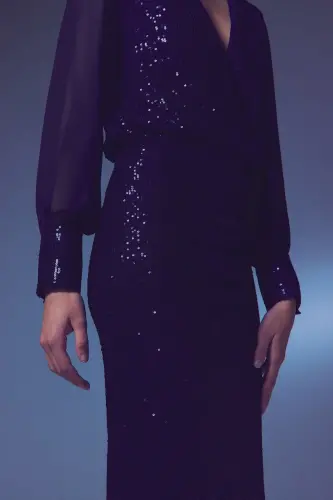 Sequin Detail Pencil Skirt - Navy-NAVY - 4