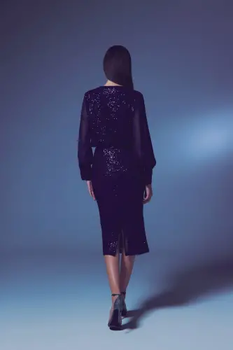 Sequin Detail Pencil Skirt - Navy-NAVY - 5
