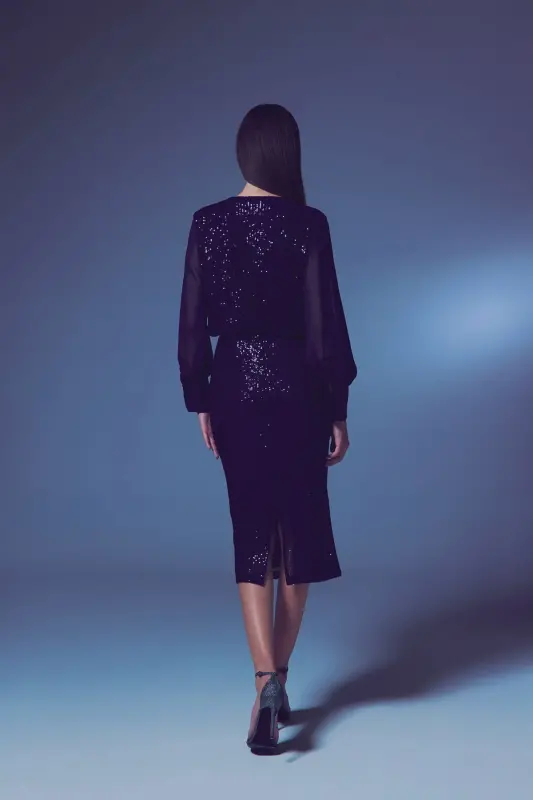 Sequin Detail Pencil Skirt - Navy-NAVY - 5