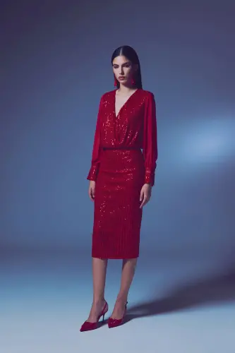 Sequin Detail Pencil Skirt - Red-RED 