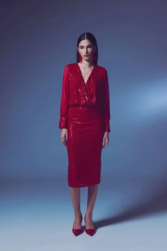 Sequin Detail Pencil Skirt - Red-RED - 3