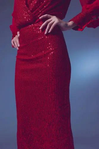 Sequin Detail Pencil Skirt - Red-RED - 5