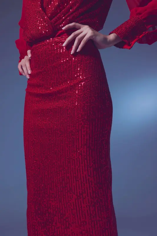 Sequin Detail Pencil Skirt - Red-RED - 5