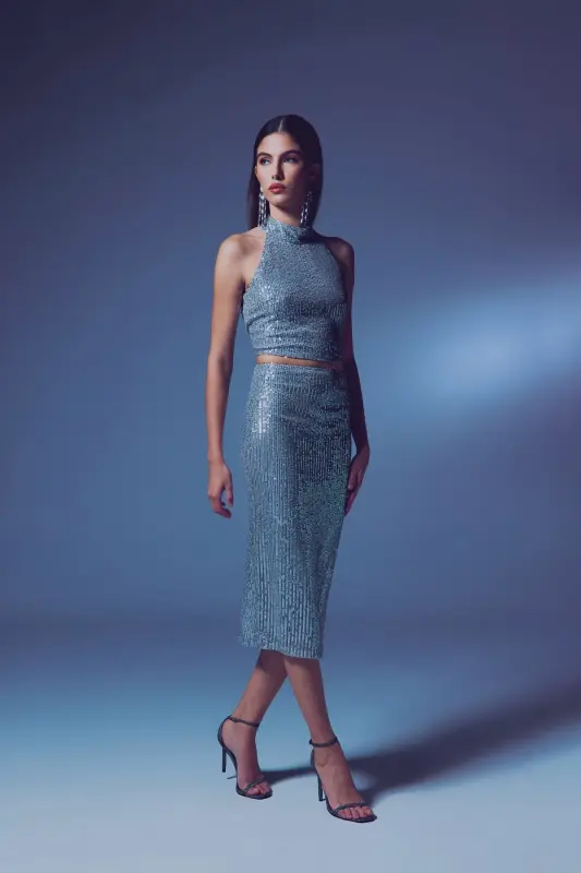 Sequin Detail Pencil Skirt - Silver-SILVER - 2