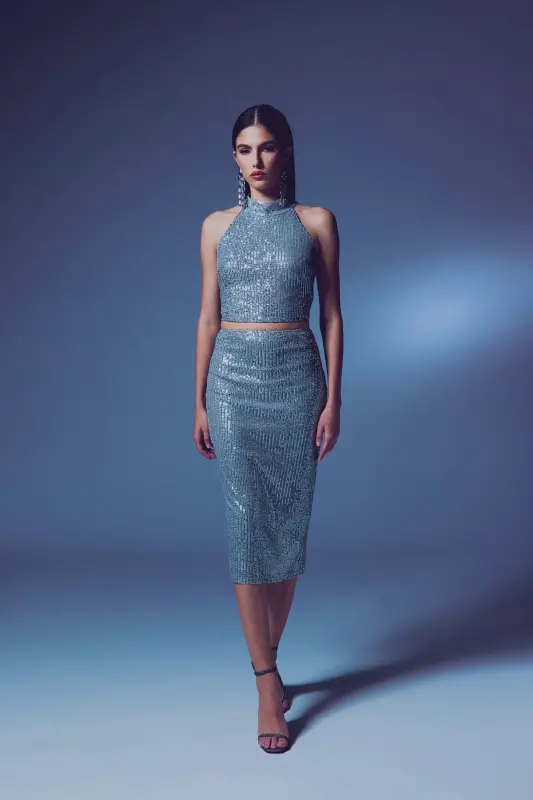 Sequin Detail Pencil Skirt - Silver-SILVER - 3