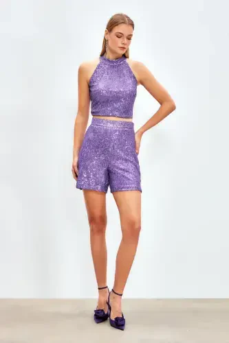 Sequin Detail Shorts - PURPLE - SATEEN (1)