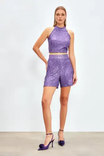 Sequin Detail Shorts - PURPLE - 3