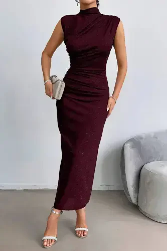 Sequin Detailed Draped Evening Dress-Burgundy - 3
