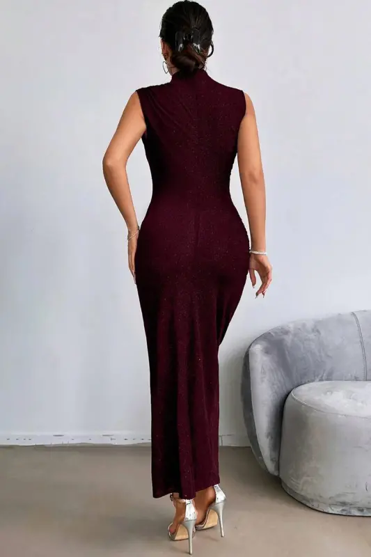 Sequin Detailed Draped Evening Dress-Burgundy - 4