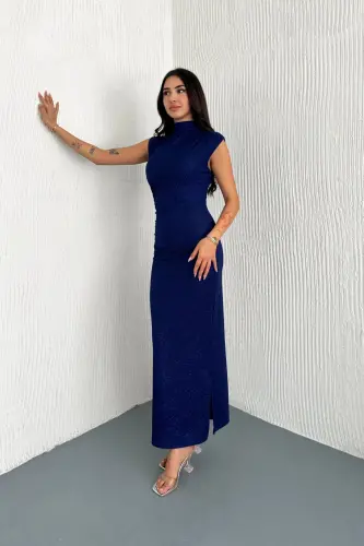 Sequin Detailed Draped Evening Dress-Navy Blue 