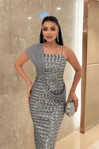 Sequin Detailed Evening Dress with Shawl - SILVER - 3