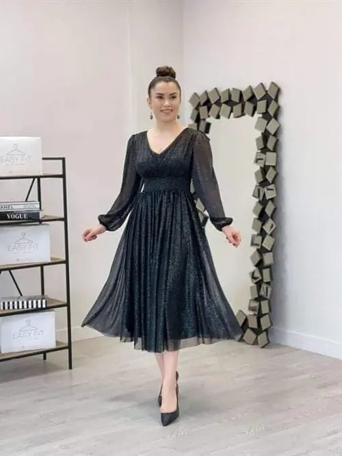 Sequin Detailed Midi Dress - BLACK - BÜYÜKBEDENIZ