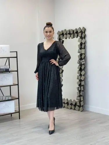 Sequin Detailed Midi Dress - BLACK - BÜYÜKBEDENIZ (1)