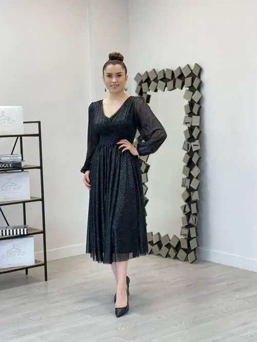 Sequin Detailed Midi Dress - BLACK - 2