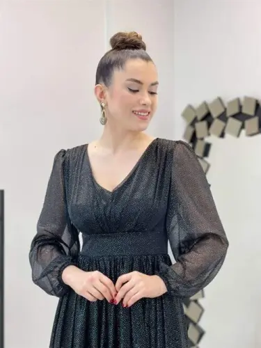 Sequin Detailed Midi Dress - BLACK - 4