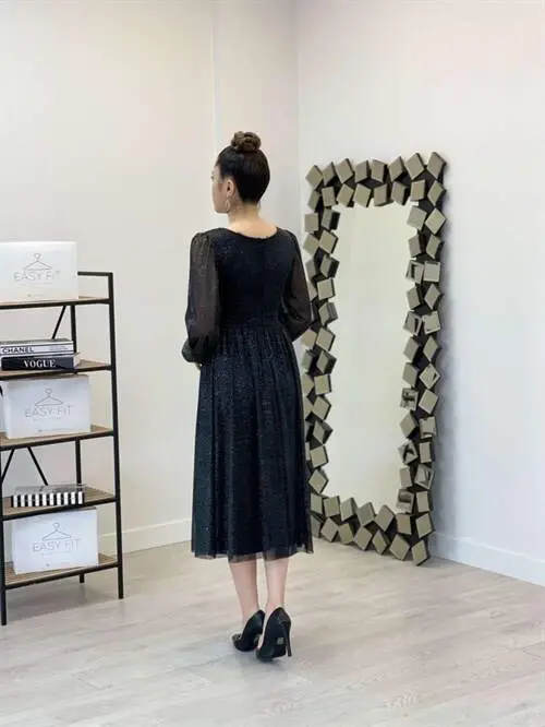 Sequin Detailed Midi Dress - BLACK - 5